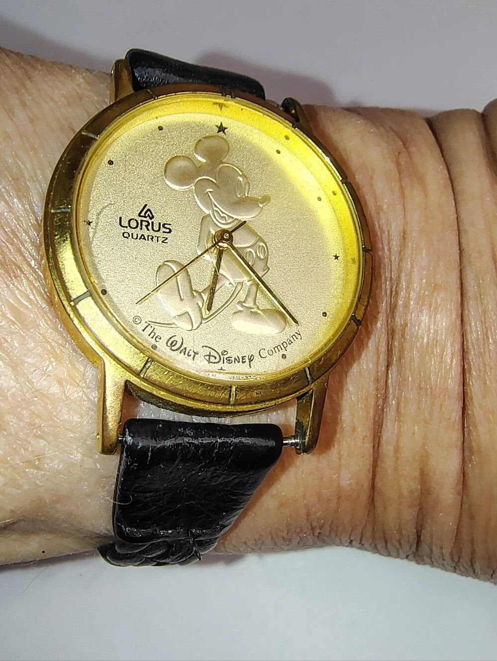 Vintage Disney Mickey Mouse Lorus Quartz Watch Black Braided Leather‎ Band Gold